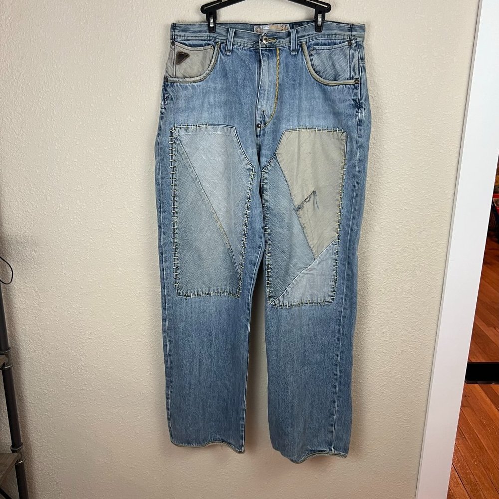 Vintage Mens Akademics Distressed Patchwork Baggy Jeans, Size 36